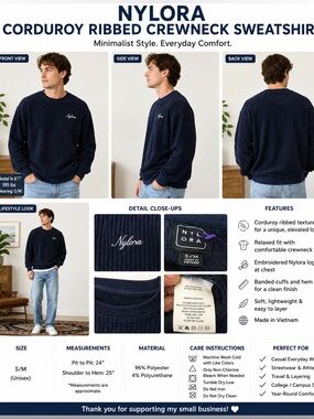 Nylora S/M Navy Blue Ribbed Crewneck Sweatshirt Pullover Logo